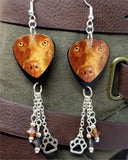 Chocolate Lab Guitar Pick Earrings with Paw Print Charm and Swarovski Crystal Dangles