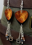 Chocolate Lab Guitar Pick Earrings with Paw Print Charm and Swarovski Crystal Dangles