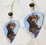 Chocolate Lab Puppy Guitar Pick Earrings with Brown Swarovski Crystals