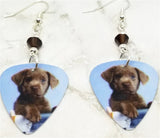 Chocolate Lab Puppy Guitar Pick Earrings with Brown Swarovski Crystals