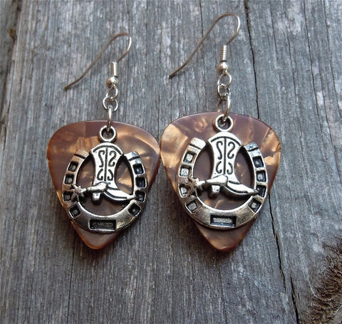 CLEARANCE Cowboy Boot and Horseshoe Charm Guitar Pick Earrings - Pick Your Color