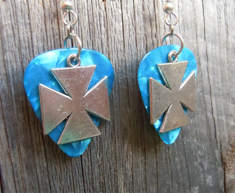 CLEARANCE Iron Cross Charm Guitar Pick Earrings - Pick Your Color