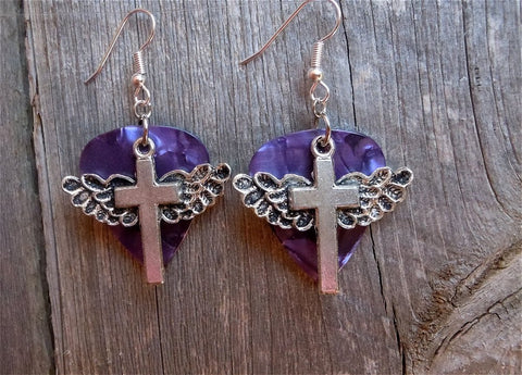 CLEARANCE Winged Cross Charm Guitar Pick Earrings - Pick Your Color