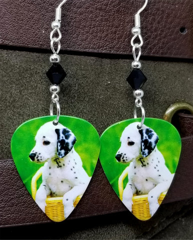 Dalmatian Puppy Guitar Pick Earrings with Black Swarovski Crystals