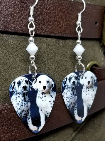 Dalmatian Puppies Guitar Pick Earrings with White Swarovski Crystals