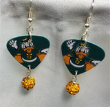 Oregon Ducks on Green Background Guitar Pick Earrings with Orange Pave Dangles