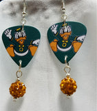 Oregon Ducks on Green Background Guitar Pick Earrings with Orange Pave Dangles