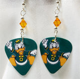 Oregon Ducks on Green Background Guitar Pick Earrings with Orange Swarovski Crystals