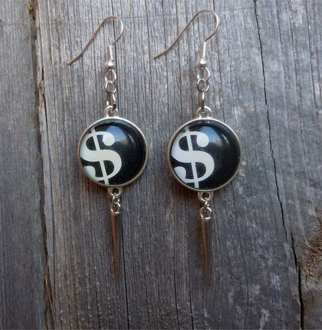 Dollar Sign Charm Drop Earrings with Silver Spikes