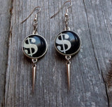 Dollar Sign Charm Drop Earrings with Silver Spikes