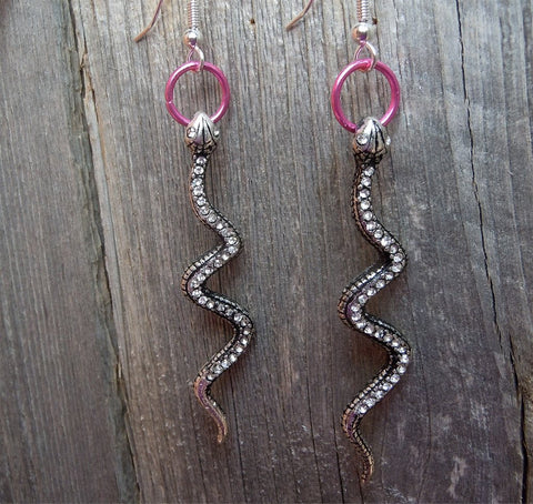 Crystal Encrusted Snake Earrings with Pink Ring