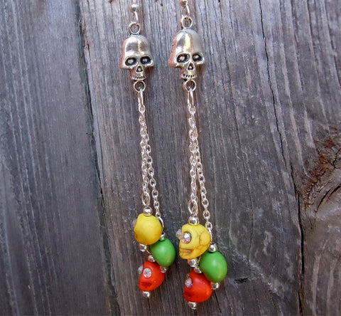 Cascading Colorful Magnesite Skulls with Rhinestone Eyes Hanging Earrings