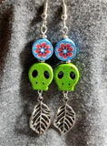 Green Magnesite Skull Bead Earrings with Leaf Dangles