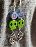 Green Magnesite Skull Bead Earrings with Leaf Dangles