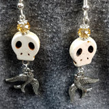 White Magnesite Skull Bead Earrings with Old School Tattoo Sparrow Charms