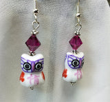 Ceramic Owl with Fuchsia Swarovski Crystal Earrings
