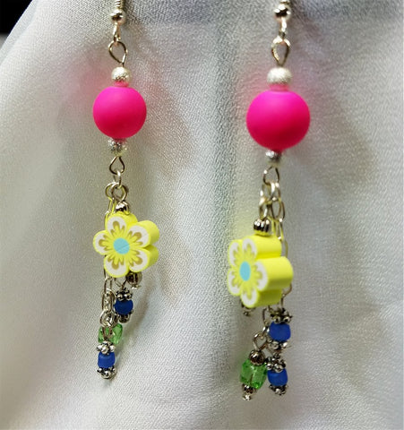 Hot Pink Rubber Bead and Fimo Clay Yellow Flowered Bead Earrings with Glass Bead Dangles