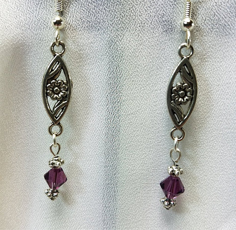 Flower Connector with Purple Swarovski Crystal Drop Earrings