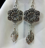 Large Metal Flower with Leaf Charm Dangle Earrings