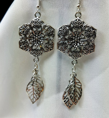 Large Metal Flower with Leaf Charm Dangle Earrings