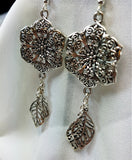 Large Metal Flower with Leaf Charm Dangle Earrings