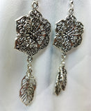 Large Metal Flower with Leaf Charm Dangle Earrings