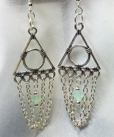Geometric Chandelier Earrings with Chain and Light Green Opal Swarovski Crystals