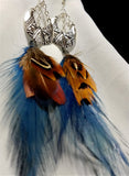 Silver Metal Piece and Brown and Blue Feather Dangle Earrings