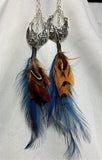 Silver Metal Piece and Brown and Blue Feather Dangle Earrings