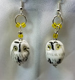 White, Black and Yellow Glass Owl Earrings with Yellow Beads