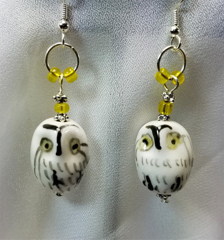 White, Black and Yellow Glass Owl Earrings with Yellow Beads