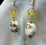 White, Black and Yellow Glass Owl Earrings with Yellow Beads