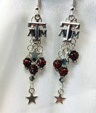 Texas A&M Dangling Earrings with Deep Red Pave Beads and Star Charms