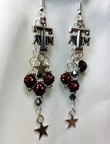 Texas A&M Dangling Earrings with Deep Red Pave Beads and Star Charms