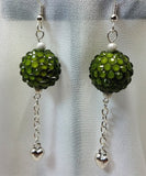 Green Rhinestone Bead Dangle Earrings with Heart Charm Dangles
