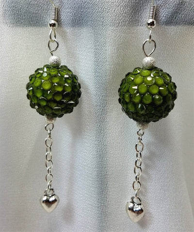 Green Rhinestone Bead Dangle Earrings with Heart Charm Dangles