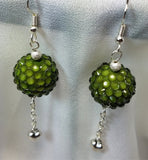 Green Rhinestone Bead Dangle Earrings with Heart Charm Dangles