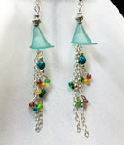 Frosted Blue Green Calla Lily Drop Earrings with Bead and Chain Dangles
