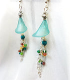 Frosted Blue Green Calla Lily Drop Earrings with Bead and Chain Dangles