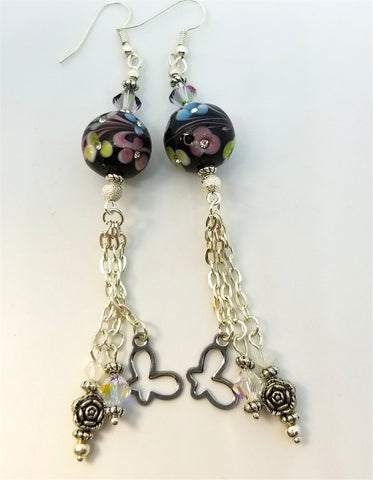 Round Black Glass Bead with Flowers and Crystal Rhinestones Dangle Earrings with Swarovski Crystal and and Metal Charm Dangles