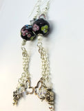 Round Black Glass Bead with Flowers and Crystal Rhinestones Dangle Earrings with Swarovski Crystal and and Metal Charm Dangles