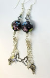 Round Black Glass Bead with Flowers and Crystal Rhinestones Dangle Earrings with Swarovski Crystal and and Metal Charm Dangles