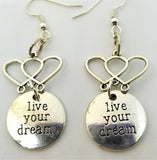 Live Your Dream Charm Dangling from a Double Heart Charm Drop Earrings