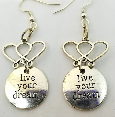 Live Your Dream Charm Dangling from a Double Heart Charm Drop Earrings