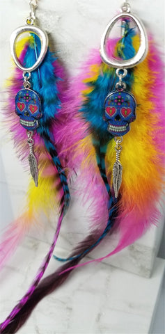 Sugar Skull Charm Earrings with Very Long Colorful Feathers