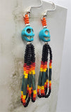 Turquoise Dyed Magnesite Skull Earrings with Seed Bead Dangles