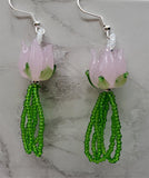 Lampwork Style Pink Tulip Glass Bead Earrings with Green Seed Bead Dangles