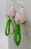 Lampwork Style Pink Tulip Glass Bead Earrings with Green Seed Bead Dangles