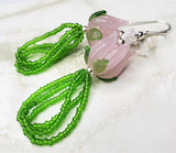 Lampwork Style Pink Tulip Glass Bead Earrings with Green Seed Bead Dangles