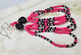 Black Dyed Magnesite Skull Earrings with Pink, Black and Silver Seed Bead Dangles
